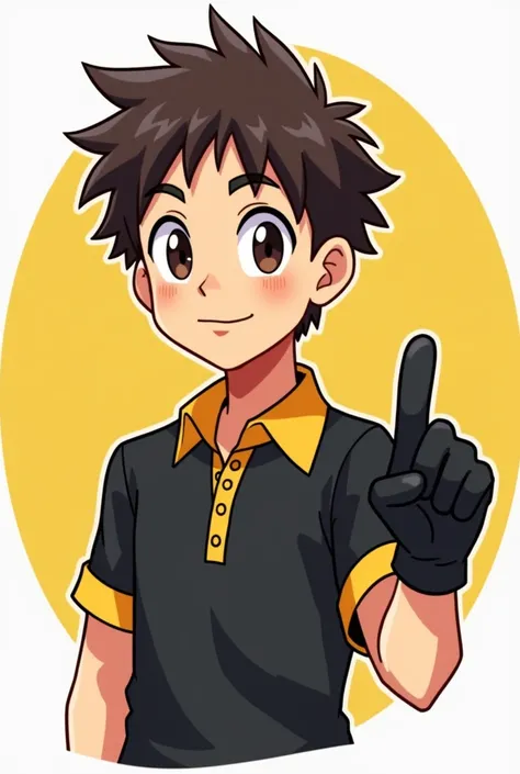  Young male character wearing a t-shirt with a collar , black with the tip of the yellow sleeves .   looking from the front slightly tilted to the left raising his right arm a little and wearing black gloves and his thumb up.  that you can only see him fro...