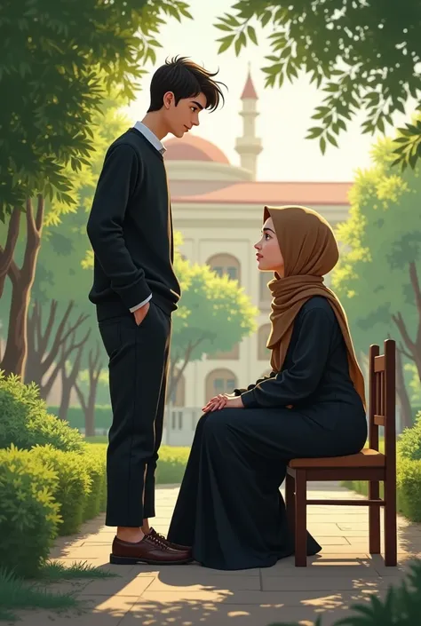 A young man and a girl sit on a shared chair in the garden of Damascus University and Damascus University behind them. The girl wears a black abaya with a brown hijab and the boy wears a black sweater with black pants. They discuss the topic of a short gir...