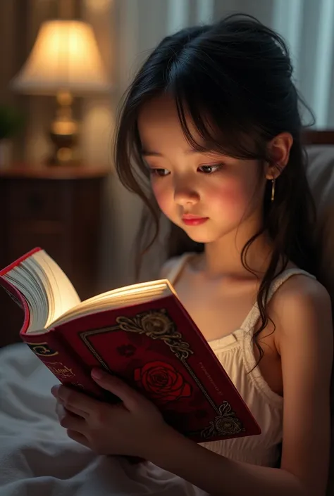 

" A young girl holding a book with a red cover with a red rose on it.  The title of the book is Blood Ties written in elegant characters .  The girl has a focused expression and the book is clearly visible , with the red rose in the center of the cover ....