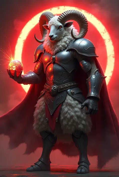 Imagine a sheep warrior ,  with shiny steel armor ,  helmet adorned with horns and a waving cape .  The sheep is standing in a combat posture ,  holding a billiard ball number 8 ,  glowing brightly .  This warrior is surrounded by a bright red ring ,  with...