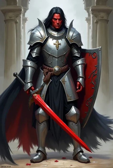  A male tiefling paladin with slightly long black hair and a shade of red slightly lighter than normal with silver armor and black details that wears a necklace, He has a red sword and a shield and a black cape 