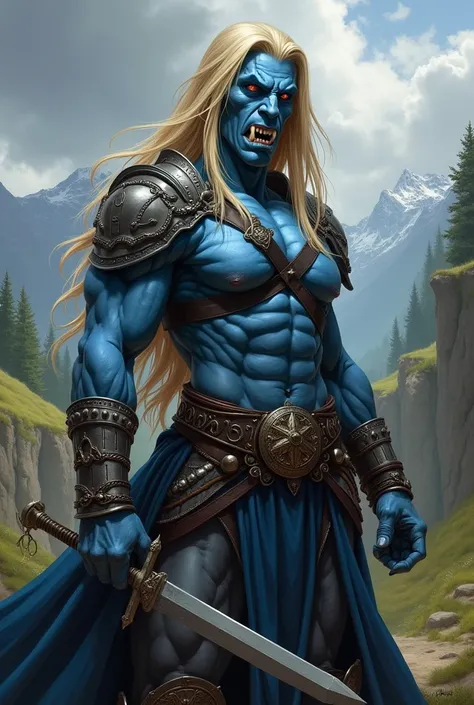 (semi-realistic style medieval painting )  a blue orc woman from d&d with a strong physique and big fangs,  long blond hair, wearing a black bandage ,  armor and war cleric robes