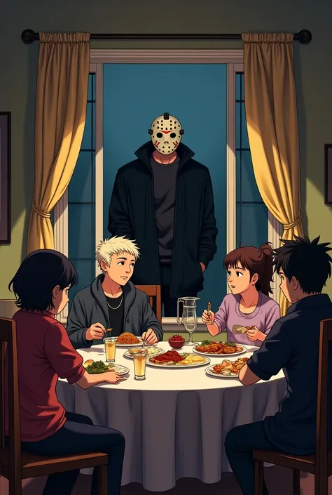  People eating in a house is Jason Voorhees observed at the window with a black jacket its black clothes, art Kimetsu  