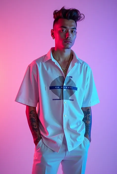 "A 20-year-old Italian young man, with brown hair and an undercut pompadour hairstyle, clean-faced with no tattoos, standing in front of a professionally gradient purple and pink background. He is wearing urban clothing in white and pale blue tones, offici...