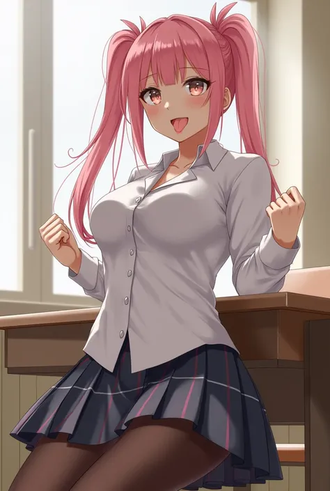 student,  pink hair, 2 ponytails,  tongue sticking out , saliva flows down the tongue,  big open chest , slim waist,  wide waist, rubs her pussy on the desk, stockings, with his leg lifted, he rubs his crotch against the corner of the desk, orgasm, red che...