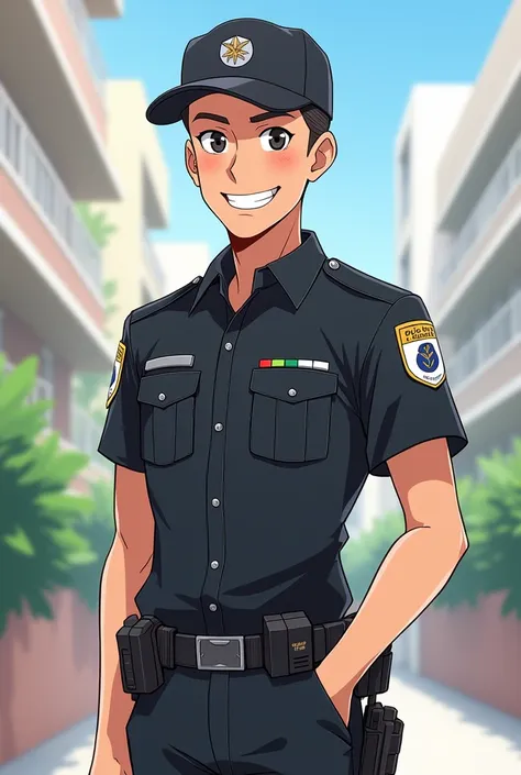 Security guard , Skinny with weapons ,  smiling in black uniform . Cartoon type anime type
