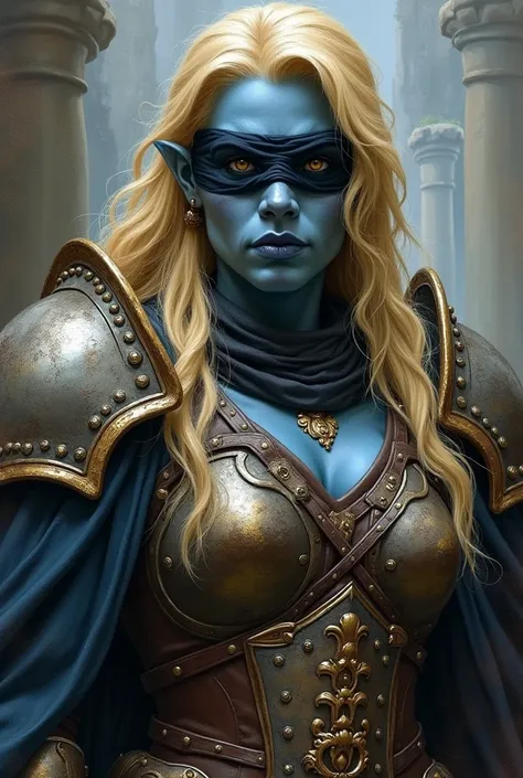 (semi realistic medieval painting style) a blue orc woman from d&d with a strong physique and large tusks, blonde hair, wearing a black blindfold, armor and war cleric robes