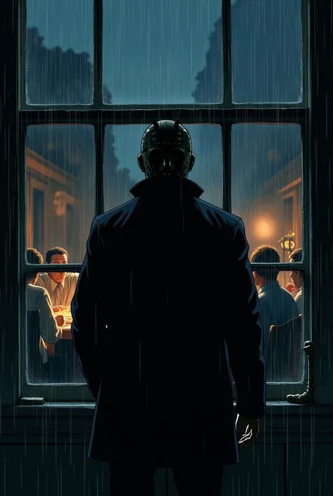  People eating in a house is Jason Voorhees observed at the window with a black jacket its black clothes, art Kimetsu ,  horror scene closed window, Background raining  