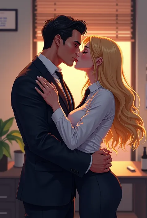 Imagine sexy latin male lawyer kissing hard with his sexy blonde female secretary that uses white shirt and black tie in office anime style!!!!