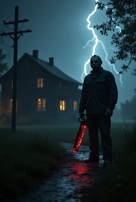  Blood on the farm at night is Jason Voorhees observed from afar wearing a black suit he is holding a chainsaw,  is people at the farm house , Background raining lightning 