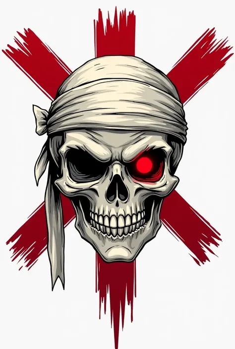 Create a one-piece pirate skull with a manga style and that has a bandage on the head and that has a red cross behind it that has a transparent background and that faces forward, that one eye has a red light and that the head is not too elongated