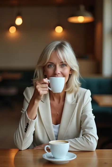 A 45-year-old woman with light blonde shoulder-length hair (no bangs), gray-blue eyes, and a medium build. She is sitting at a small table in a cozy café, sipping a cup of coffee. The background features warm lighting, wooden tables, and minimalist decor. ...