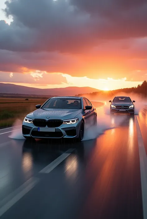 bmw g80 sedan and mercedes e200 autobahn and rainy sunrise