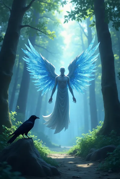   a faceless male angel with wings in the color blue broken into pieces of glass. Forest scenery with a crow.  anime style 