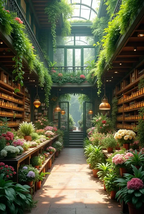 The interior of a two-story green flower shop