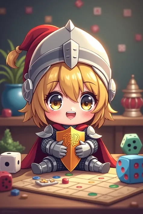  I want to make a logo image for a club called Time to Dice . A miniature game club with dice .  An SD Japanese anime character in the shape of a cute knight appeared, making the logo include a picture of enjoying a tabletop miniature game. The TTD logo mu...