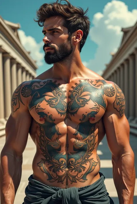 Greek-themed tattoo for the middle of the chest for men