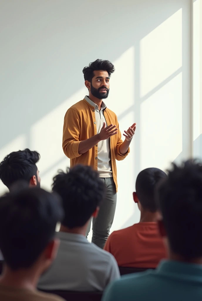 a young indian man with black hair and dark skin giving a talk to young adults in a room with a white wall