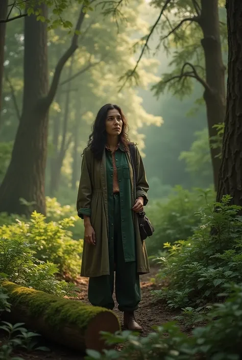 The Lebanese environmentalist stands in a lush cedar forest,  with one hand on a log and a calming face. 