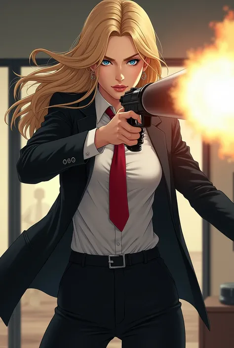 Imagine a sexy blonde woman wearing a white shirt, a red tie in a black formal suit and black booties pointed with her bazooka at a secretary who trembles with fear (anime images)!!!