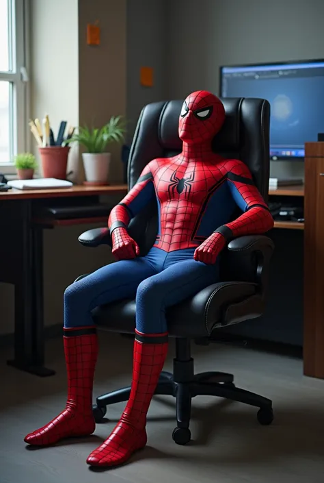 Make a spider-man heal sitting in an office chair with his legs spread with his penis erect 
