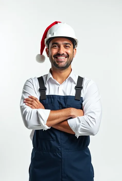 Engineer in white helmet and wearing a Christmas hat on a white background with his arms crossed