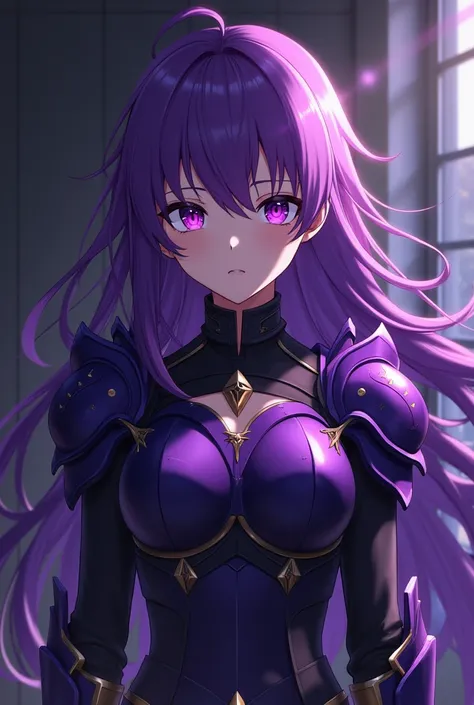  anime girl with purple hair and purple eyes in a dark room, anime style like destination/ spending the night , wearing dark purple armor , destination /  spending the night , destination grand order, Misato Katsuragi, destination  spending the night , I w...