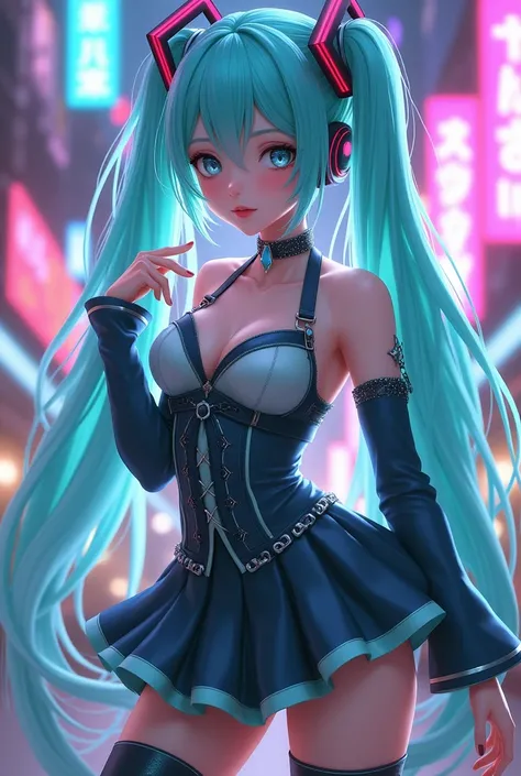 

A highly detailed and realistic depiction of a beautiful and alluring Hatsune Miku-inspired character. She has long, flowing turquoise twin-tails that shimmer with a soft gradient, a captivating expression, and a slight blush on her cheeks. Her outfit co...