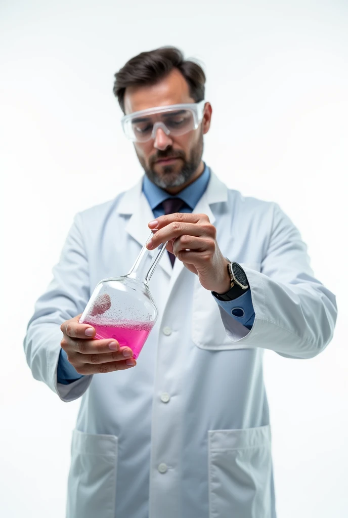 CHEMICAL PROCESS ENGINEER holding a chemical product, fondo blanco 