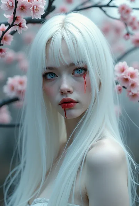 A beautiful blue-eyed albino woman in a landscape of cherry trees with blood in her mouth