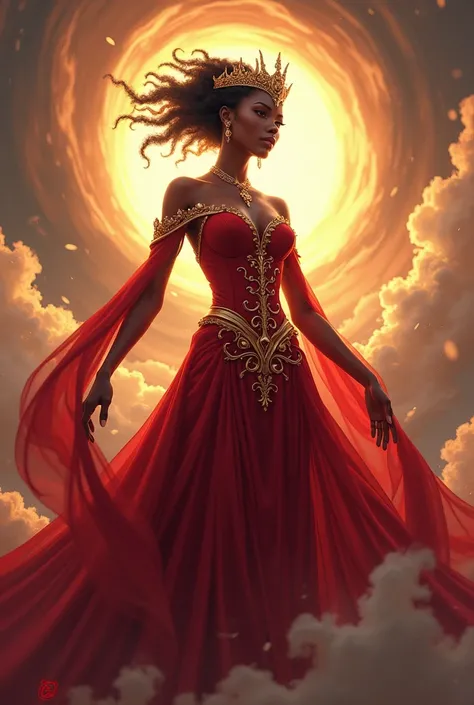 anime,  Black Woman, queen , Rays, tornado,  red and gold dress