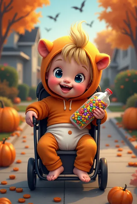 a 17-year-old boy disguised as a baby with a bottle full of candy sitting in a baby stroller wearing a 100 cm diaper for Halloween with his  sister disguised as a mother