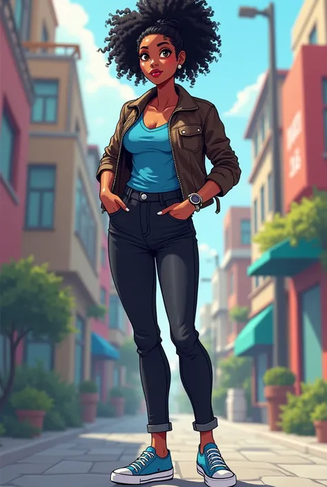 Female • Black hair, afro, tied up, pony tail • Clothing style consists of a leather jacket, blue blouse, black jeans and blue Converse sneakers. • Brown eyes • A watch on the wrist • Ideally slender build (hourglass) with soft feminine features and a fair...