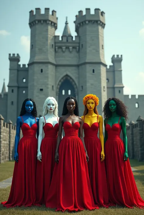  5 women in red dresses,  the first blue-skinned woman ,  the second snow-white woman  ,  the third woman with black and white skin , the fourth woman with skin as yellow as a sunflower and the fifth woman with skin as green as grass . Behind the 5 women  ...