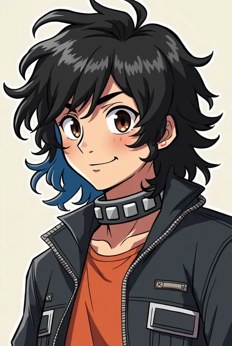  CHARACTER BY SCOTT PILGRIM OF A MUSCULAR BRUNETTE BOY WITH MEDIUM-LONG HAIR WITH SOME HALF-SHAVED BLUE STRANDS ON THE SIDES BUT HIS HAIR MAKES IT NOT VISIBLE .WEARING A WEIGHT COLLAR ,dressed casually