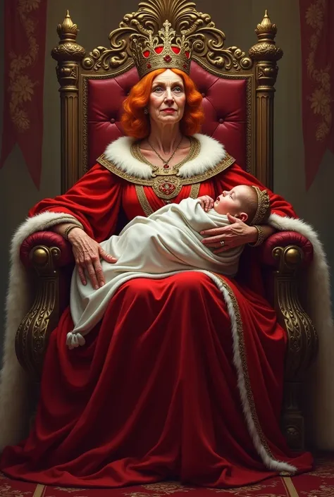 Create an 80-year-old red-haired queen in a red dress on a throne with a baby in her lap