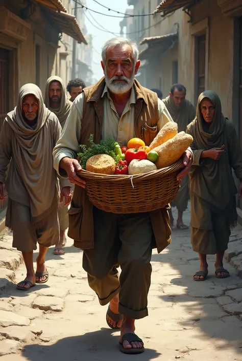 a man carrying a basket of food to street ren who are very poor.