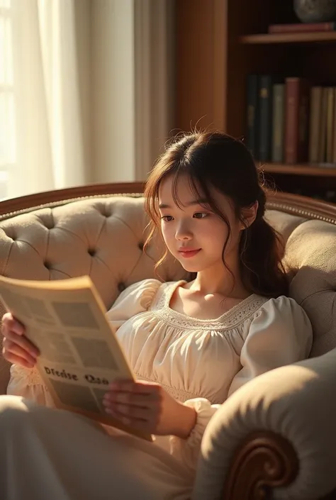 Imagine a beautiful and delicate 20-year-old girl sitting on a sofa reading a period of news very excited and 
Merry