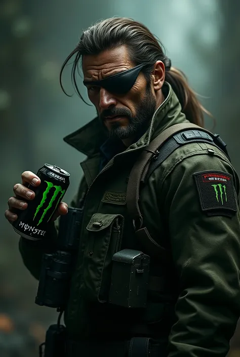 Venom Snake from metal gear solid wearing and an eyepatch on the right eye holding a monster energy can 