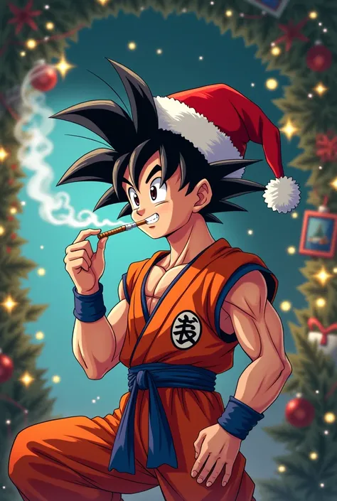 The character Goku wearing a Christmas hat , with red eyes and a hand holding a marijuana cigarette and pouring smoke into the mouth and a Christmas background with marijuana objects pictures and TV 