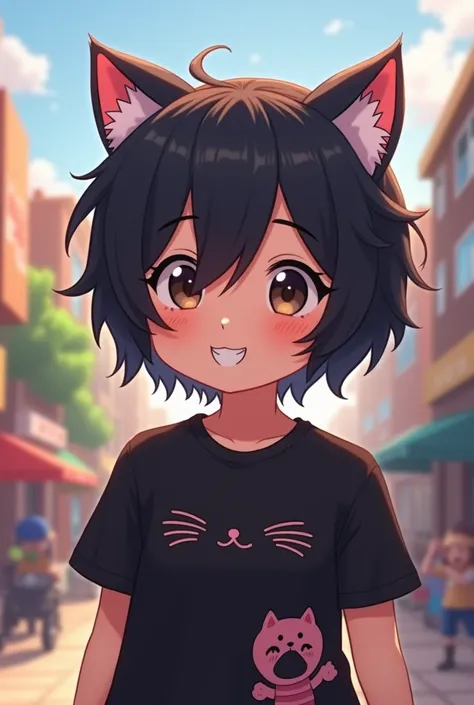 Character from Ai anime Roblox with short hair Black shirt of a cat short short comedy Black of a pollina cat and that you cant see his eyes and that he smiles woman