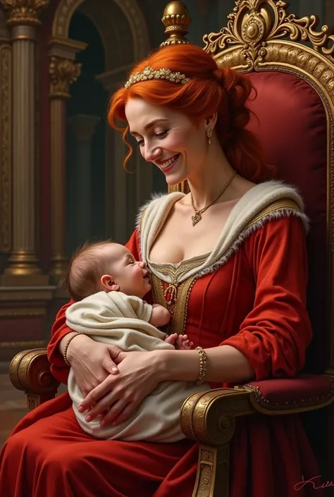 Create an 80-year-old red-haired queen in a red dress on a throne with a ponytail behind and
With a baby in your lap make her happy