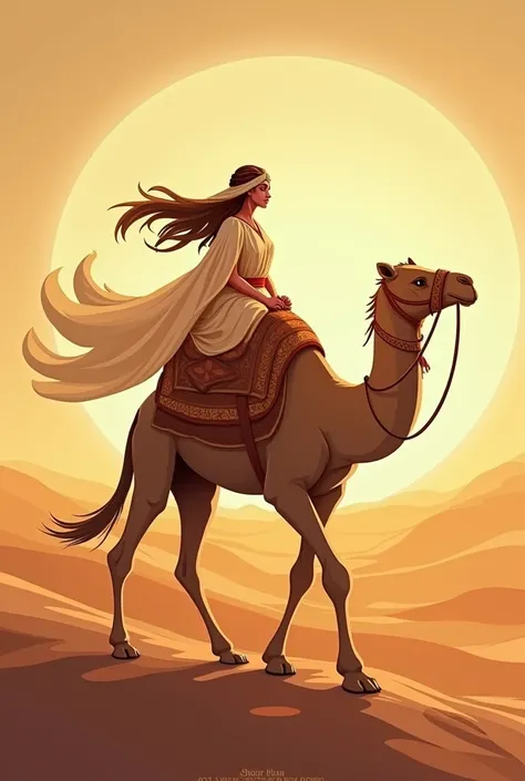 Create a logo of a woman in an en on a camel and that the letters of LORE