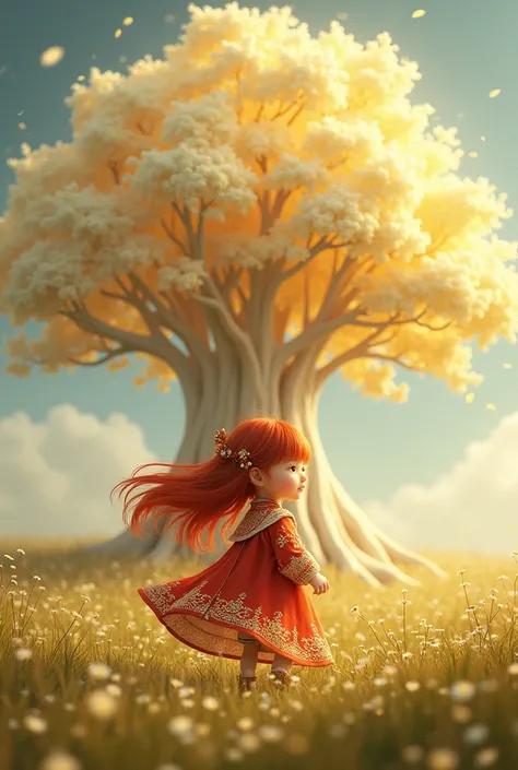  imaginary　Gold Tree 　White leaves　grassland　red coat 　white embroidery 　Im wearing a gold ornament　 cute　 girl　Red Hair　 long hair　