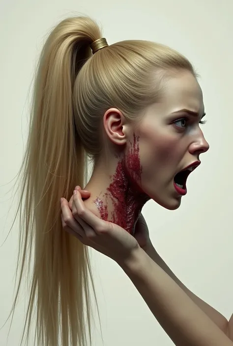 dead girl head, severed head in profil, long straight blonde hair, high thick ponytail, hand grab by hair, eyes open, mouth open