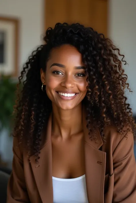 An Afro-indigenous woman, 30 years,  long brown and curly hair,  honey brown eyes,  looking forward and smiling , in office clothes, in an office 