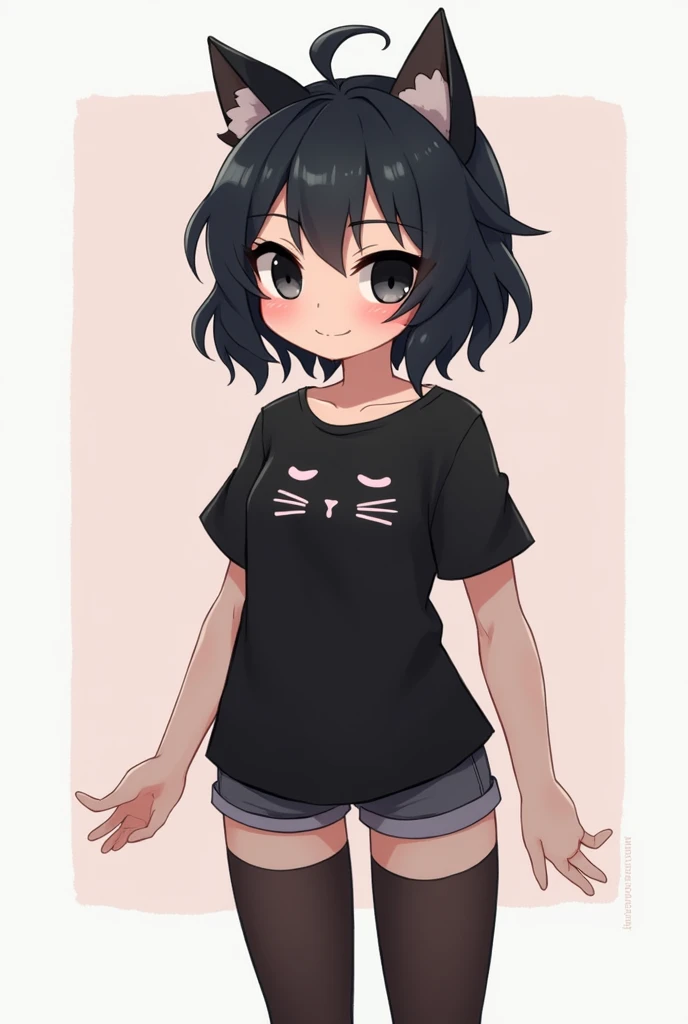 Ai anime character from Roblox with short black hair that looks like a little mans hair Black cat shirt short short with Black tights 
 Pollina and that you cant see her eyes and that she smiles a woman with a beautiful waist and big thighs and medium big ...