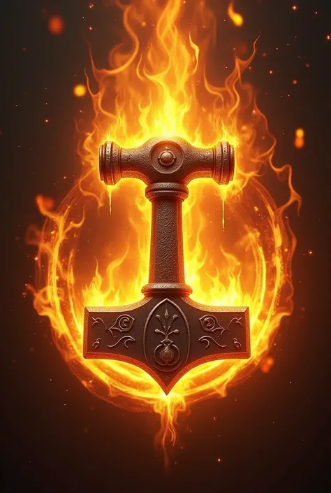  An emblem of a sacred symbol in the shape of a hammer surrounded by flames