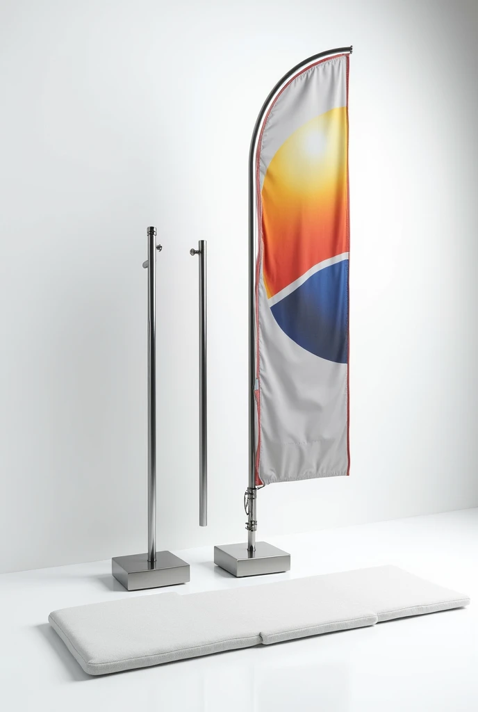 "A detailed image showing a disassembled windbanner. The set should include a sturdy metallic base, a segmented pole, and the extended custom-printed fabric placed beside it, featuring a vibrant and eye-catching design. The setting should be clean and mini...