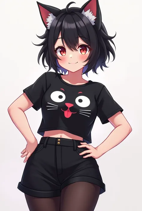 Ai anime character from Roblox with short black hair that looks like a little mans hair Black cat shirt short short with Black tights 
 Pollina and that you cant see her eyes and that she smiles a woman with a nice waist and big thighs and medium big boobs...